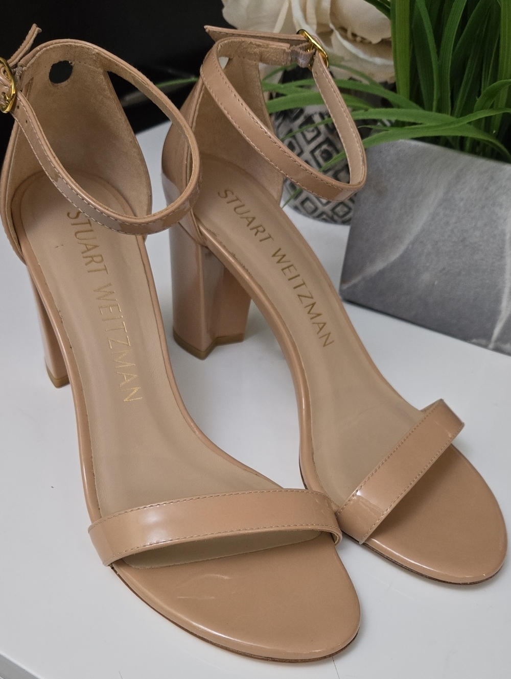 Stuart Weitzman Beige Patent Ankle-Strap Block Heels